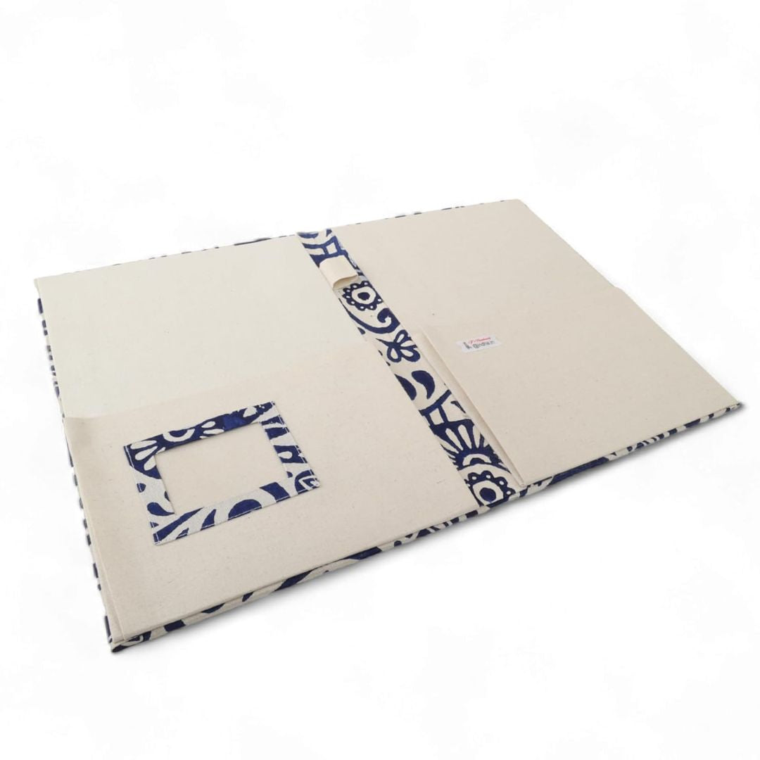 Indha Handcrafted Cotton File Folder | A4 Document Holder with Block Printed Design | Eco-Friendly & Sustainable | Ideal for Office Use & Gifting (White & Blue)