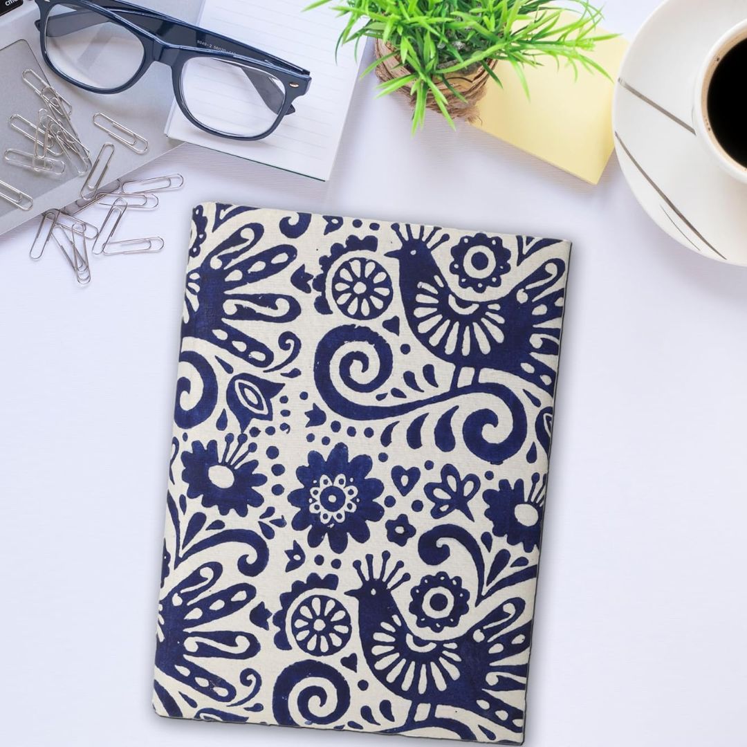 Indha Handcrafted Cotton File Folder | A4 Document Holder with Block Printed Design | Eco-Friendly & Sustainable | Ideal for Office Use & Gifting (White & Blue)