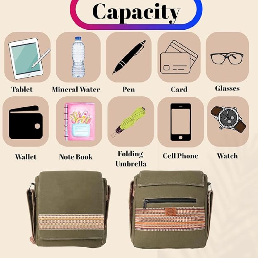 INDHA Handcrafted Cotton Canvas Sling Bag | Unisex Ethnic Geometric Design | Multicolor Niwar Strap | Travel Utility & Gifting