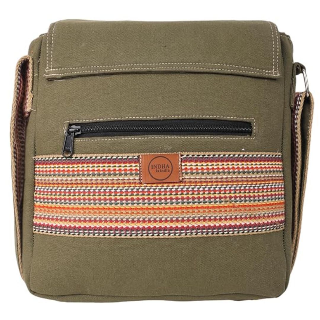 INDHA Handcrafted Cotton Canvas Sling Bag | Unisex Ethnic Geometric Design | Multicolor Niwar Strap | Travel Utility & Gifting