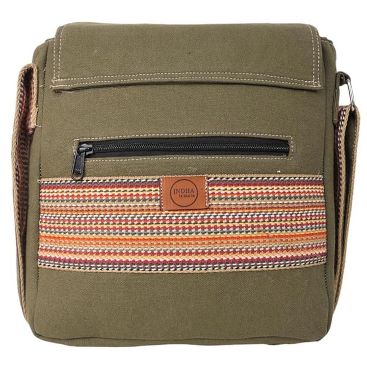 INDHA Handcrafted Cotton Canvas Sling Bag | Unisex Ethnic Geometric Design | Multicolor Niwar Strap | Travel Utility & Gifting