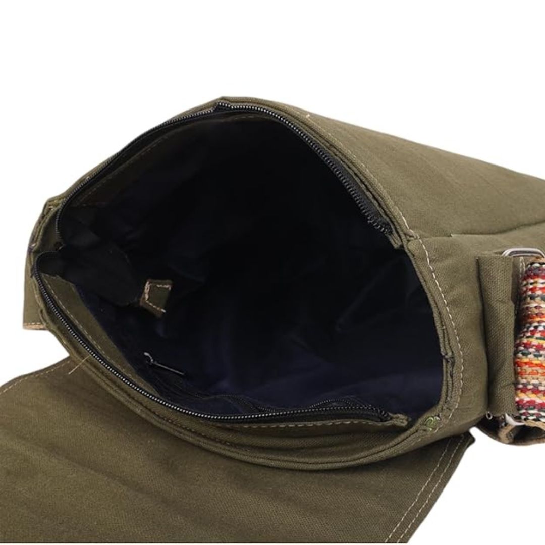 INDHA Handcrafted Cotton Canvas Sling Bag | Unisex Ethnic Geometric Design | Multicolor Niwar Strap | Travel Utility & Gifting