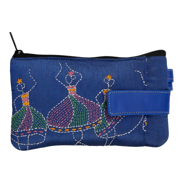 Indha Handcrafted Mobile Case Wristlet for Women | Blue Dupion Pouch with Dancing Lady Motif | Mini Wallet with Mobile Compartment | Handmade in India
