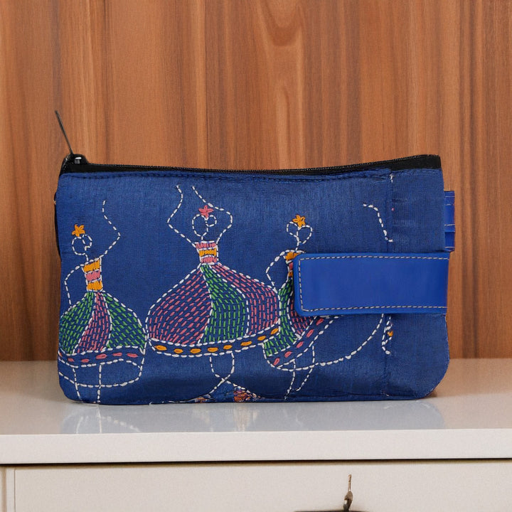 Indha Handcrafted Mobile Case Wristlet for Women | Blue Dupion Pouch with Dancing Lady Motif | Mini Wallet with Mobile Compartment | Handmade in India