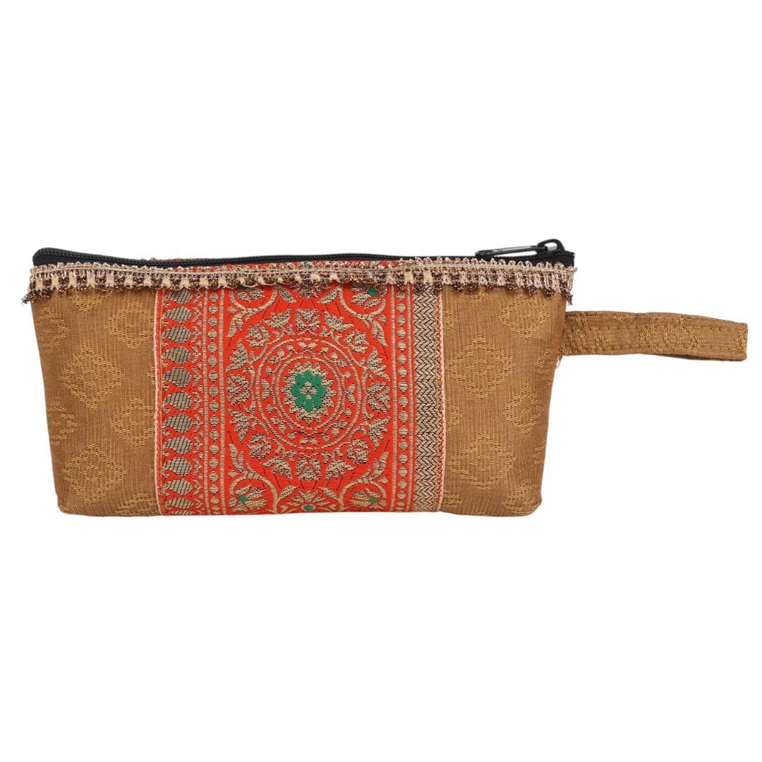 Indha Hand Block Printed Cotton Utility Pouch | Eco-Friendly & Upcycled | Handmade Multipurpose Travel Pouch for Daily Use & Storage | Artisan Block Print Pouch (Golden)