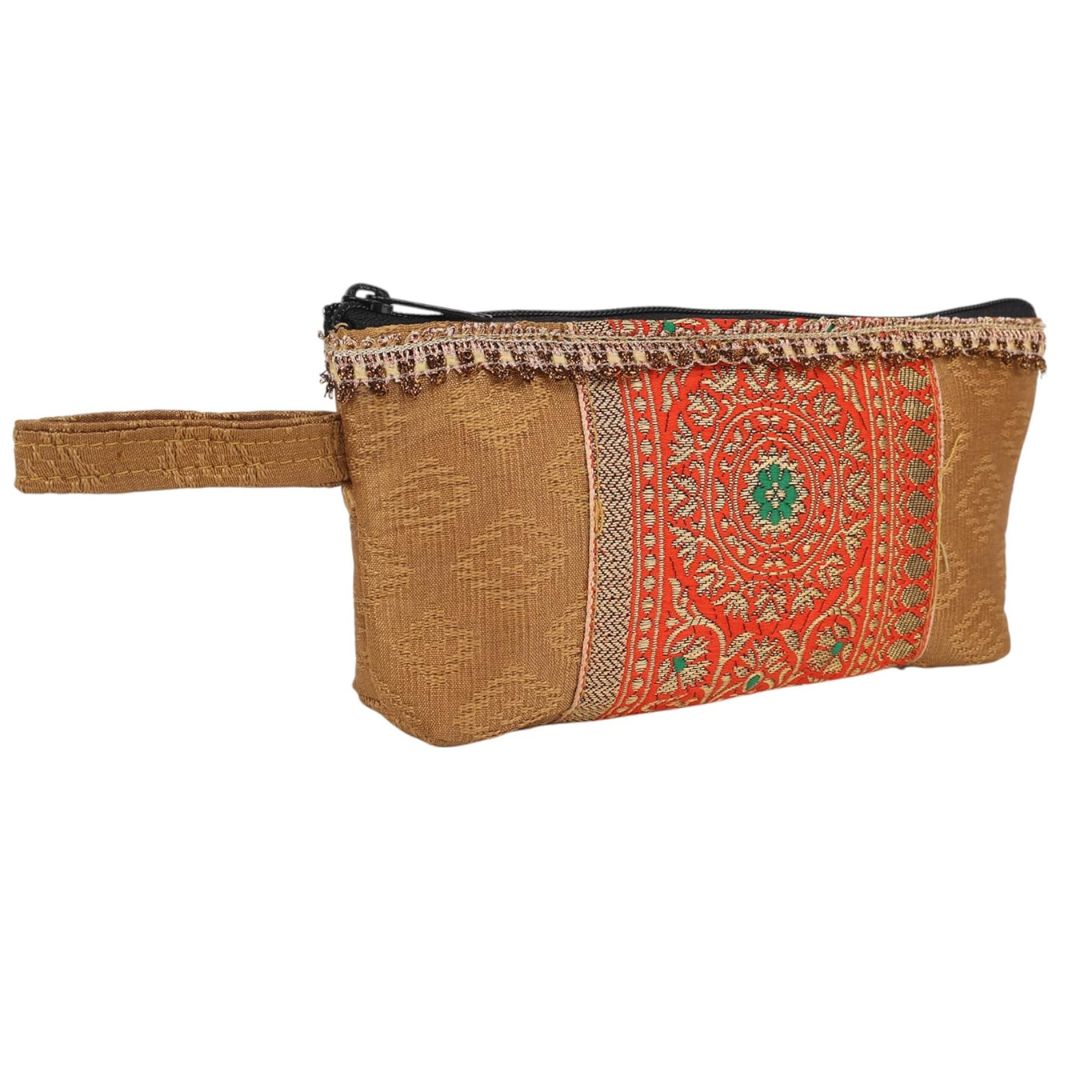 Indha Hand Block Printed Cotton Utility Pouch | Eco-Friendly & Upcycled | Handmade Multipurpose Travel Pouch for Daily Use & Storage | Artisan Block Print Pouch (Golden)