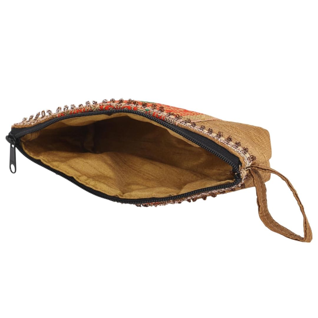 Indha Hand Block Printed Cotton Utility Pouch | Eco-Friendly & Upcycled | Handmade Multipurpose Travel Pouch for Daily Use & Storage | Artisan Block Print Pouch (Golden)