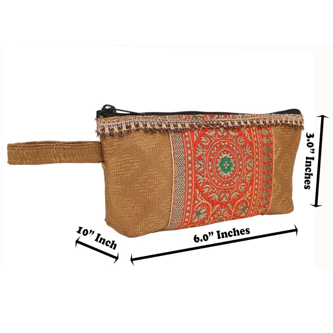 Indha Hand Block Printed Cotton Utility Pouch | Eco-Friendly & Upcycled | Handmade Multipurpose Travel Pouch for Daily Use & Storage | Artisan Block Print Pouch (Golden)