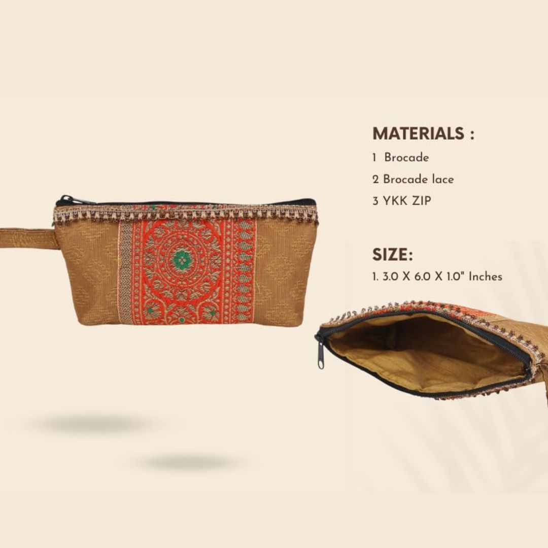 Indha Hand Block Printed Cotton Utility Pouch | Eco-Friendly & Upcycled | Handmade Multipurpose Travel Pouch for Daily Use & Storage | Artisan Block Print Pouch (Golden)