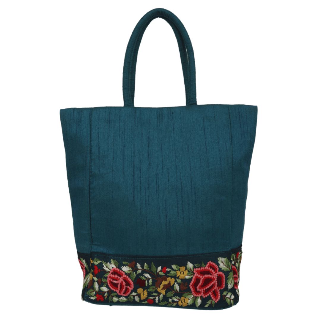 Indha Dupion Silk Handbag Teal-Green,Small Handbag Parisian Knot, Kolkata Embroidery,Corporate Gifting Bags, Special Occasions Gifting Bag