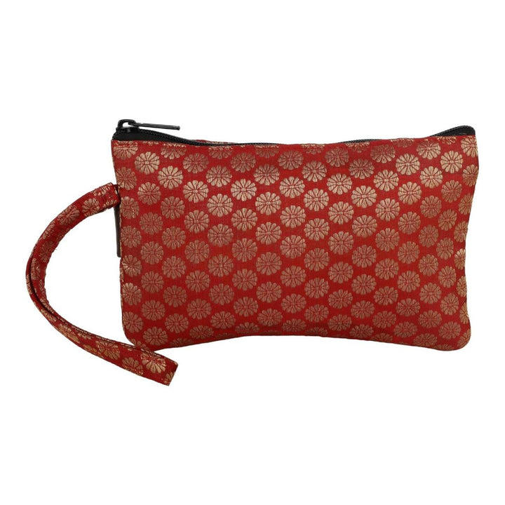 Indha Handcrafted Mobile Case for Women – Maroon Silk Brocade Wristlet Pouch | Mini Wallet with Mobile Compartment | Slim Travel Pouch for Phone, Cash & Cards | Handmade in India