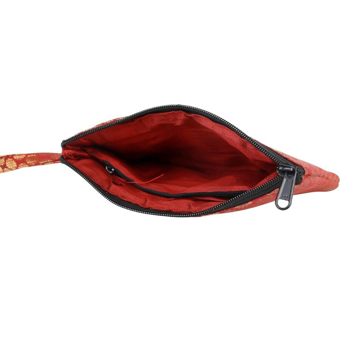 Indha Handcrafted Mobile Case for Women – Maroon Silk Brocade Wristlet Pouch | Mini Wallet with Mobile Compartment | Slim Travel Pouch for Phone, Cash & Cards | Handmade in India