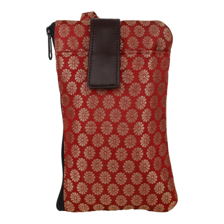 Indha Handcrafted Mobile Case for Women – Maroon Silk Brocade Wristlet Pouch | Mini Wallet with Mobile Compartment | Slim Travel Pouch for Phone, Cash & Cards | Handmade in India