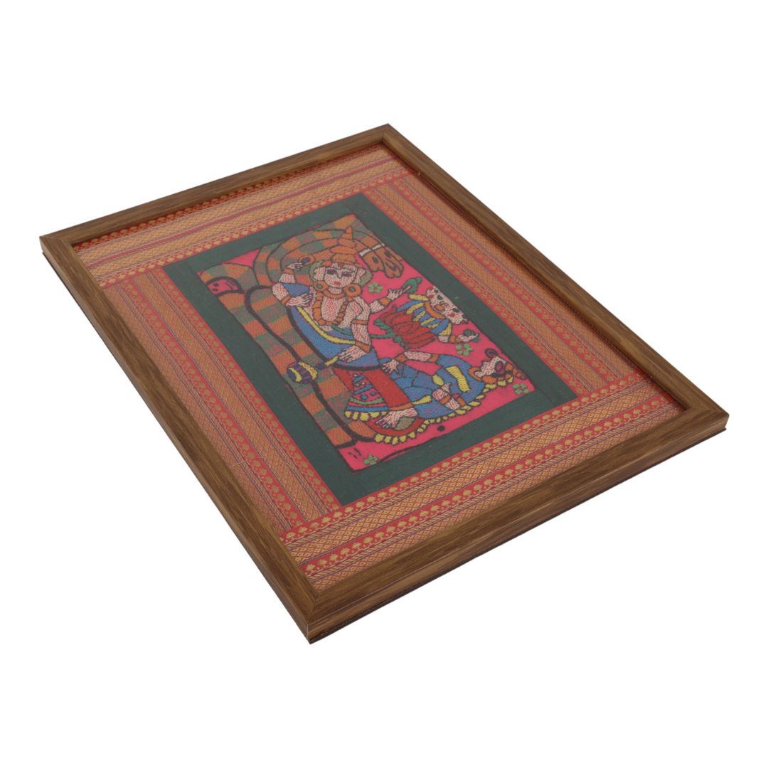 Indha Hand-Crafted Wall Décor – Lord Vishnu Embroidery | Wooden Border | Premium Vegan Leather Back Finish