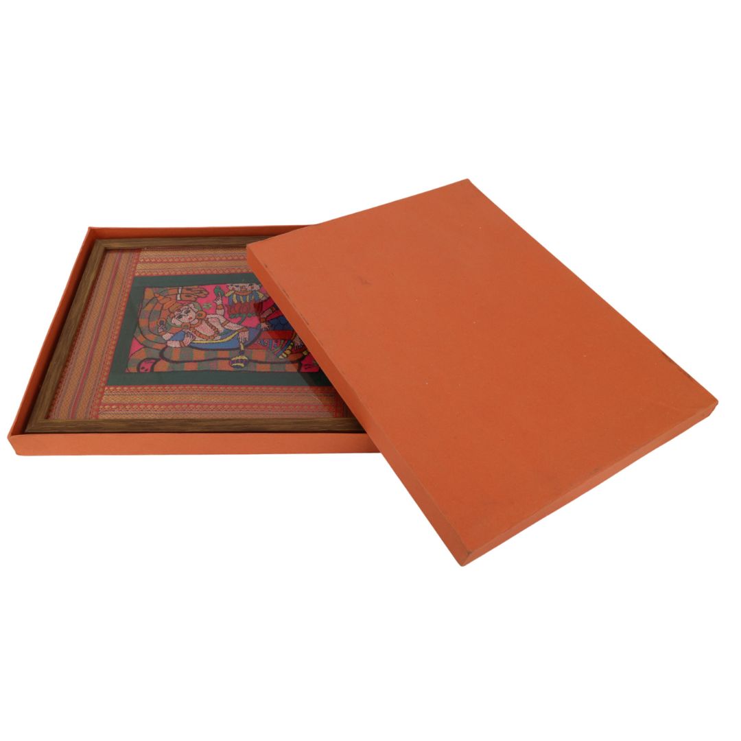 Indha Hand-Crafted Wall Décor – Lord Vishnu Embroidery | Wooden Border | Premium Vegan Leather Back Finish