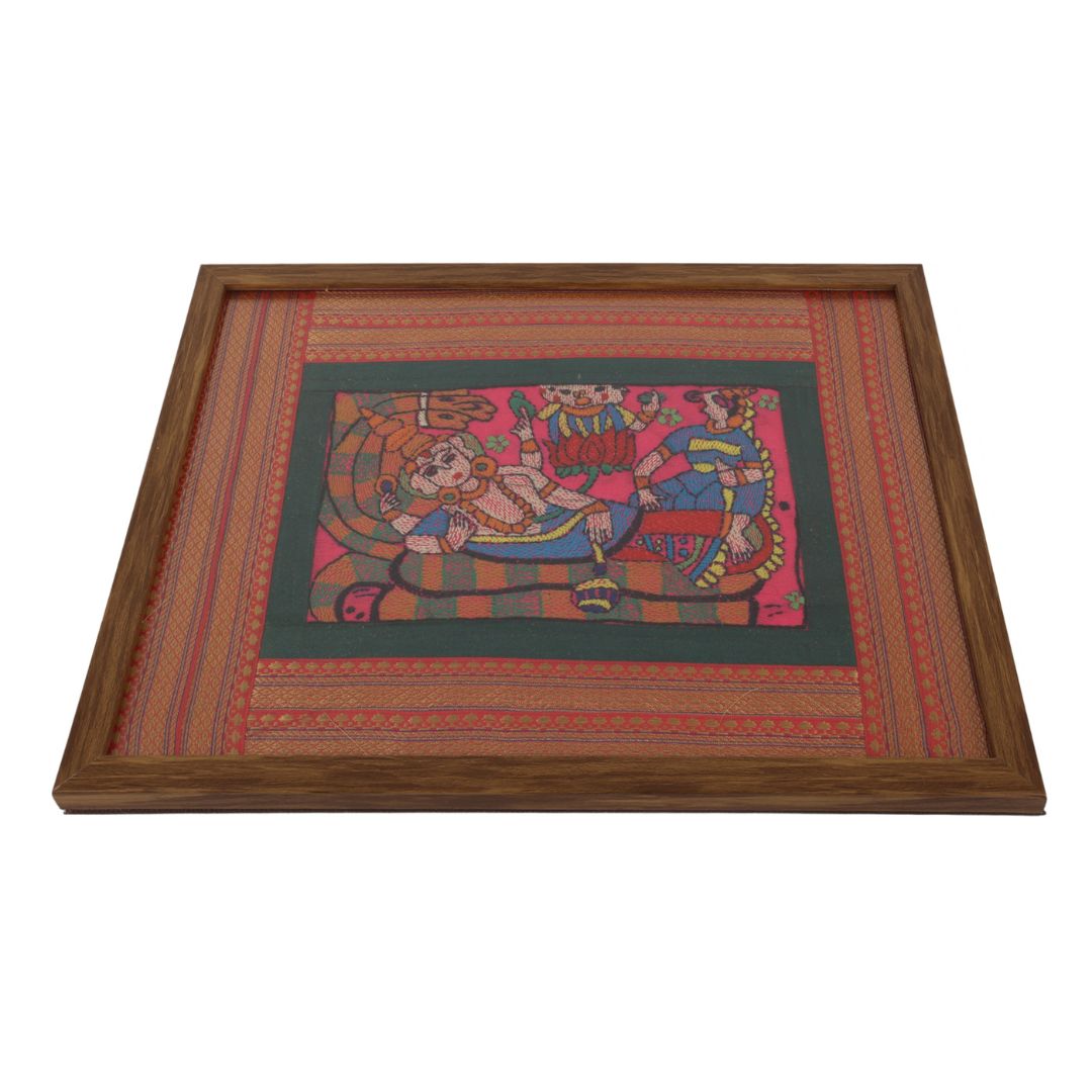 Indha Hand-Crafted Wall Décor – Lord Vishnu Embroidery | Wooden Border | Premium Vegan Leather Back Finish