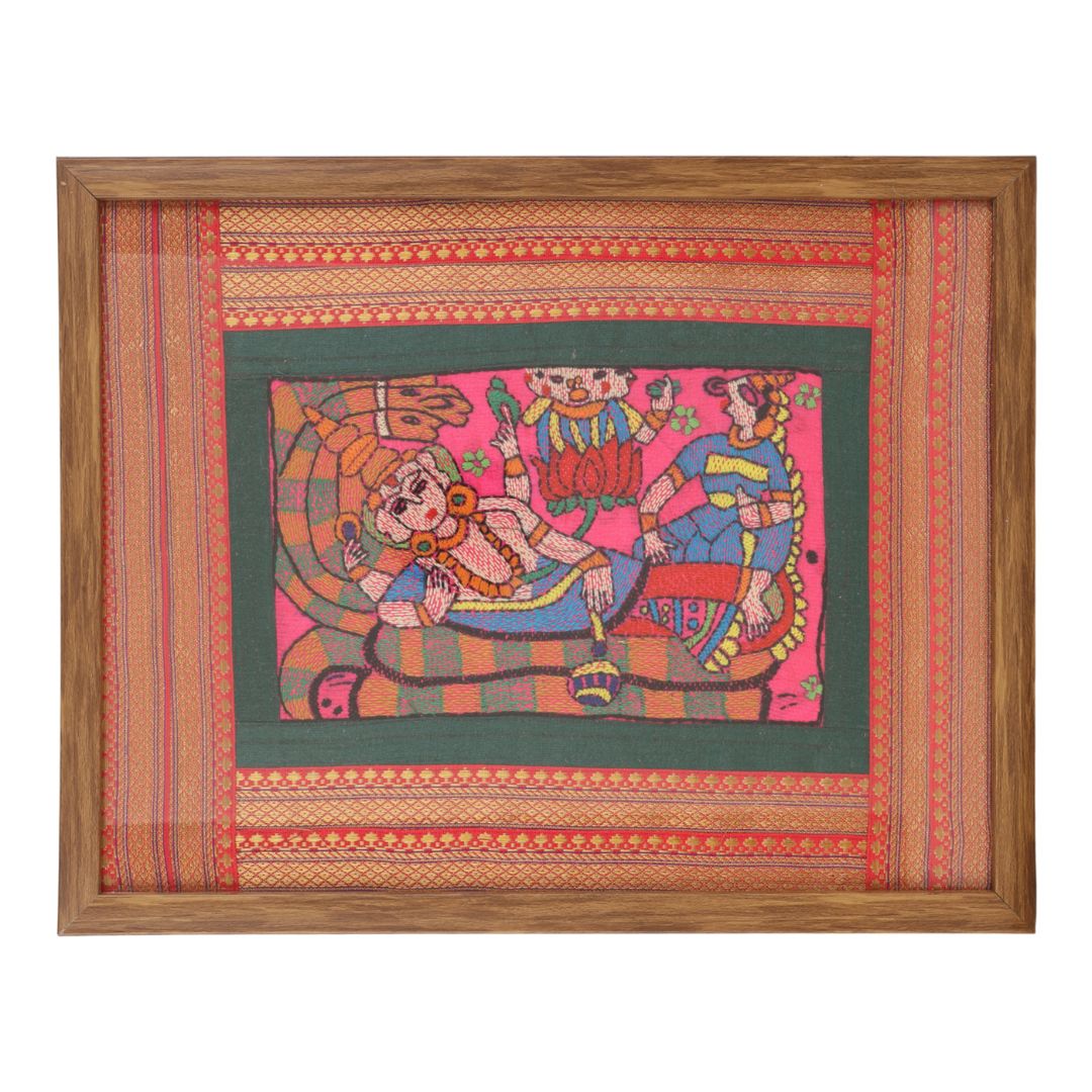 Indha Hand-Crafted Wall Décor – Lord Vishnu Embroidery | Wooden Border | Premium Vegan Leather Back Finish