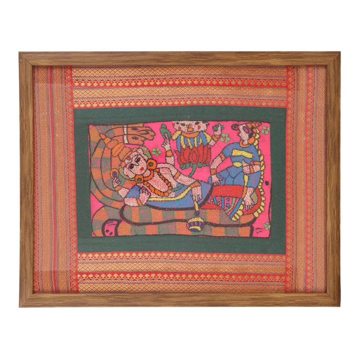 Indha Hand-Crafted Wall Décor – Lord Vishnu Embroidery | Wooden Border | Premium Vegan Leather Back Finish