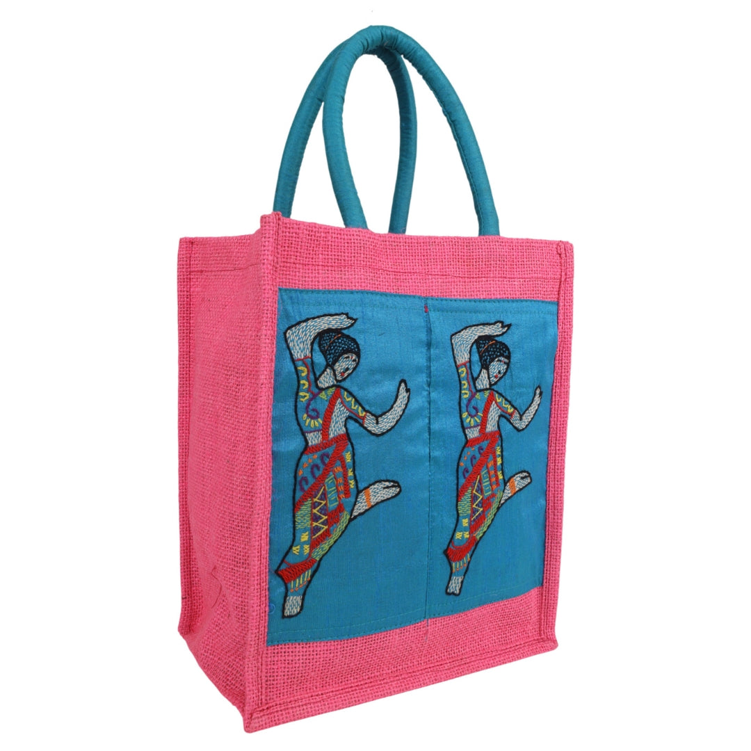 Indha Hand-Embroidered Jute Two-Bottle Carrier (Fits 750 ml) | Thermos + Water Bottle | Wine Gift Bag