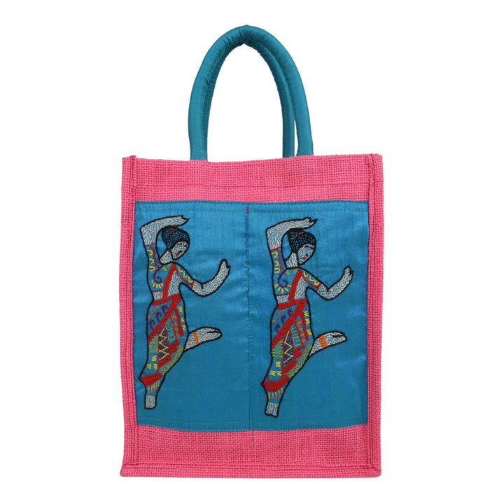 Indha Hand-Embroidered Jute Two-Bottle Carrier (Fits 750 ml) | Thermos + Water Bottle | Wine Gift Bag