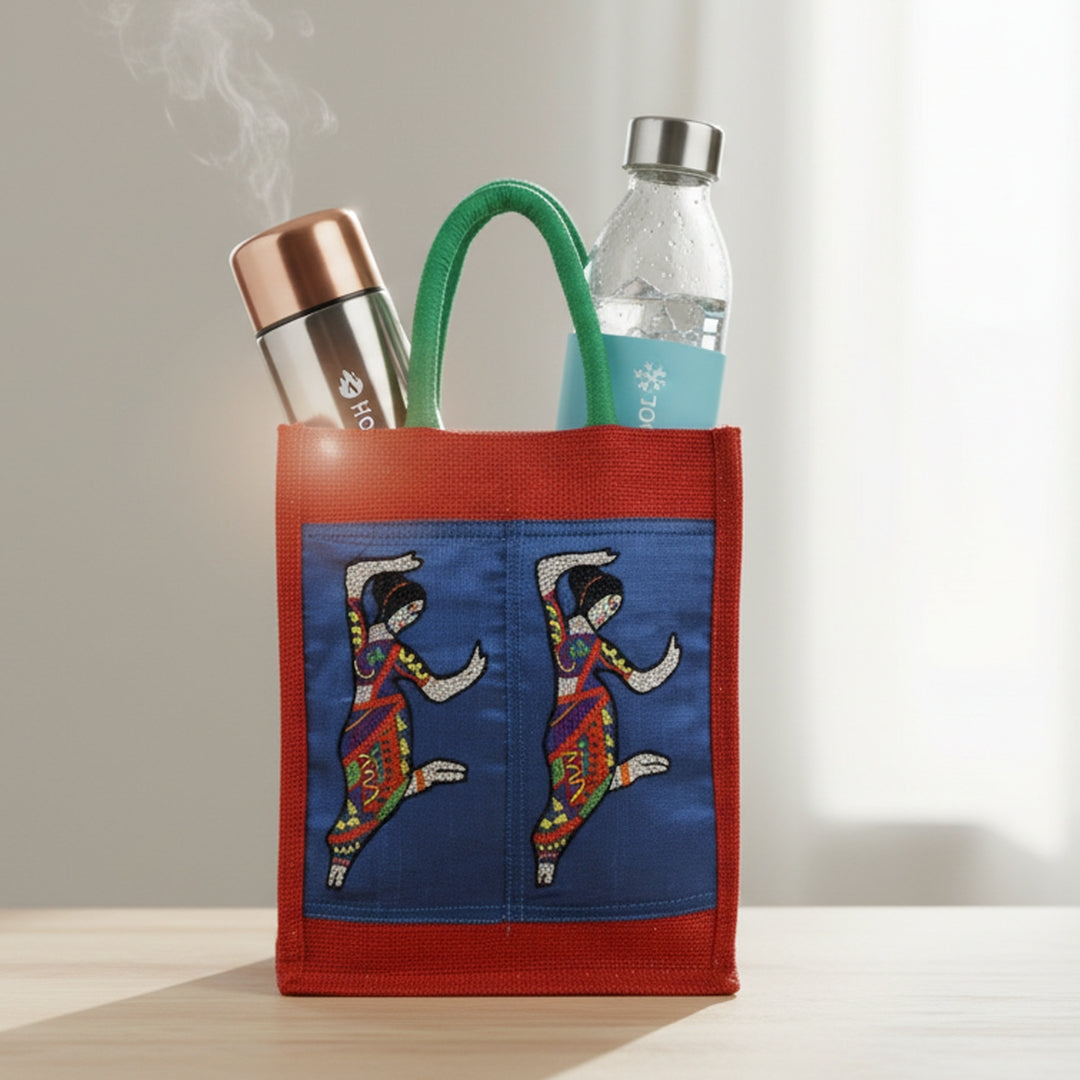 Indha Hand-Embroidered Jute Two-Bottle Carrier (Fits 750 ml) | Thermos + Water Bottle | Wine Gift Bag