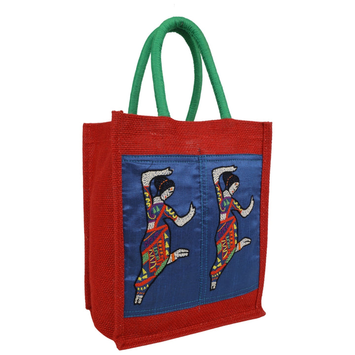 Indha Hand-Embroidered Jute Two-Bottle Carrier (Fits 750 ml) | Thermos + Water Bottle | Wine Gift Bag