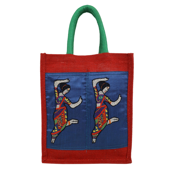 Indha Hand-Embroidered Jute Two-Bottle Carrier (Fits 750 ml) | Thermos + Water Bottle | Wine Gift Bag