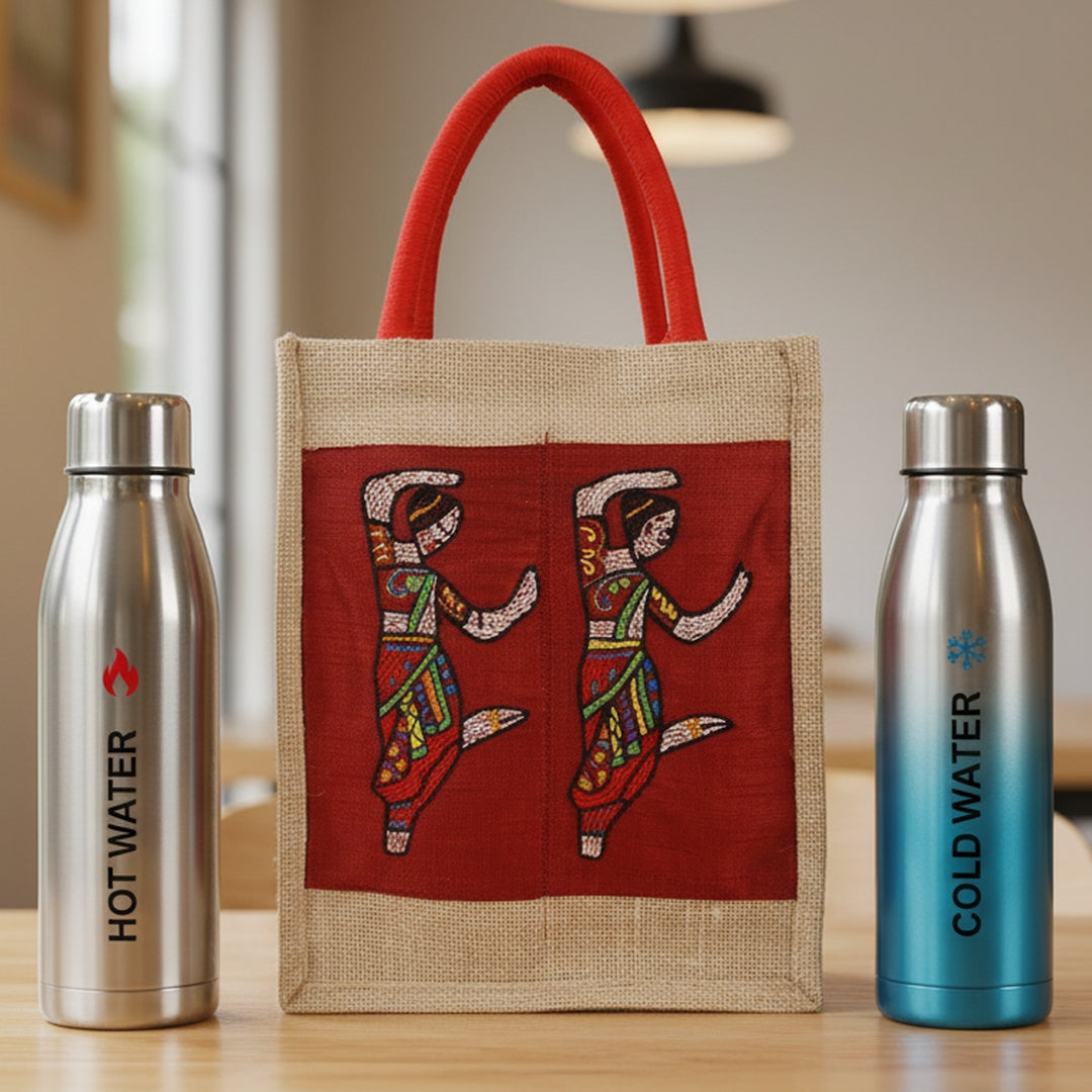 Indha Hand-Embroidered Jute Two-Bottle Carrier (Fits 750 ml) | Thermos + Water Bottle | Wine Gift Bag