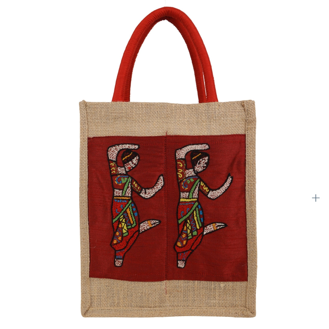 Indha Hand-Embroidered Jute Two-Bottle Carrier (Fits 750 ml) | Thermos + Water Bottle | Wine Gift Bag
