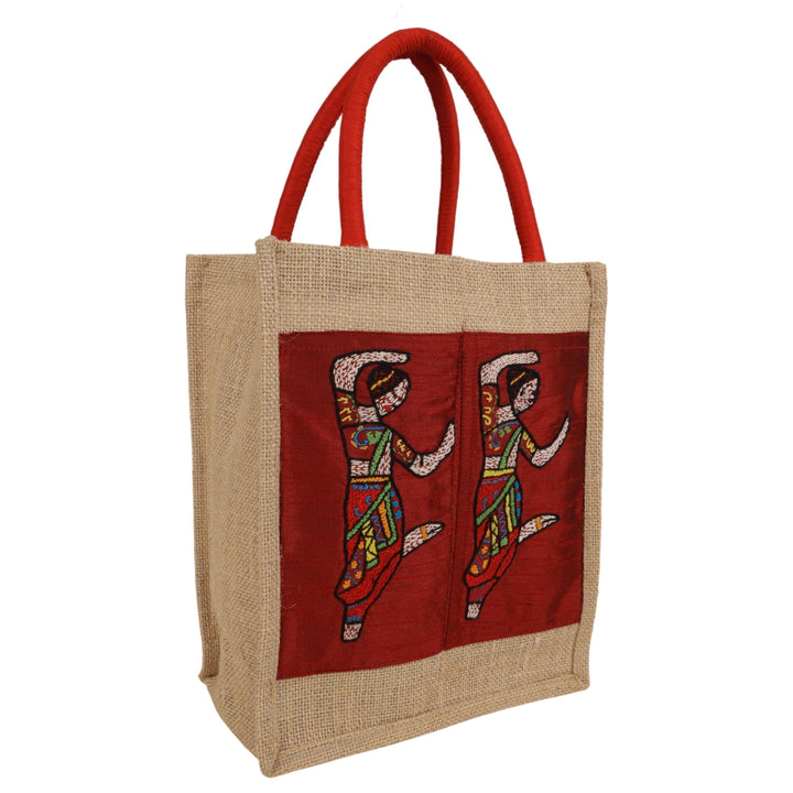 Indha Hand-Embroidered Jute Two-Bottle Carrier (Fits 750 ml) | Thermos + Water Bottle | Wine Gift Bag