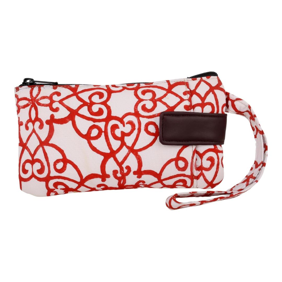 Indha Handcrafted Mobile Case for Women – White Hand Block-Printed Cotton Wristlet Pouch | Mini Wallet with Mobile Compartment | Slim Phone Pouch for Cash, Cards & Essentials | Handmade in India