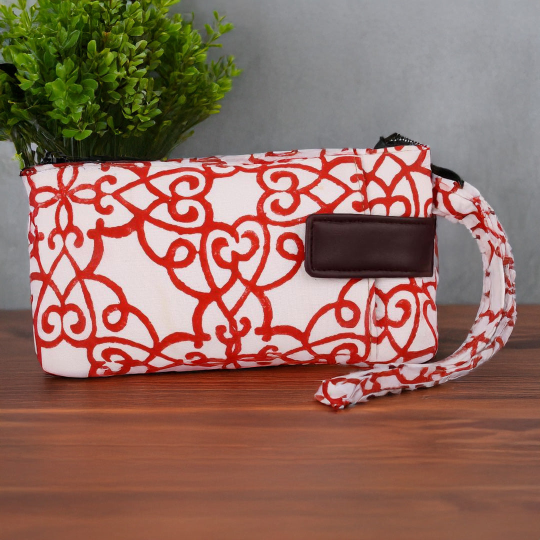Indha Handcrafted Mobile Case for Women – White Hand Block-Printed Cotton Wristlet Pouch | Mini Wallet with Mobile Compartment | Slim Phone Pouch for Cash, Cards & Essentials | Handmade in India