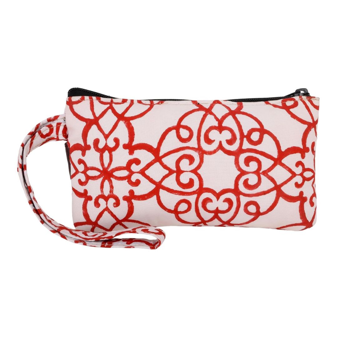 Indha Handcrafted Mobile Case for Women – White Hand Block-Printed Cotton Wristlet Pouch | Mini Wallet with Mobile Compartment | Slim Phone Pouch for Cash, Cards & Essentials | Handmade in India
