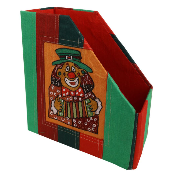 Indha Handmade Desk Organizer | Foldable Magazine Holder | Hand Embroidered Clown Motif | Gift for Kids & Employees