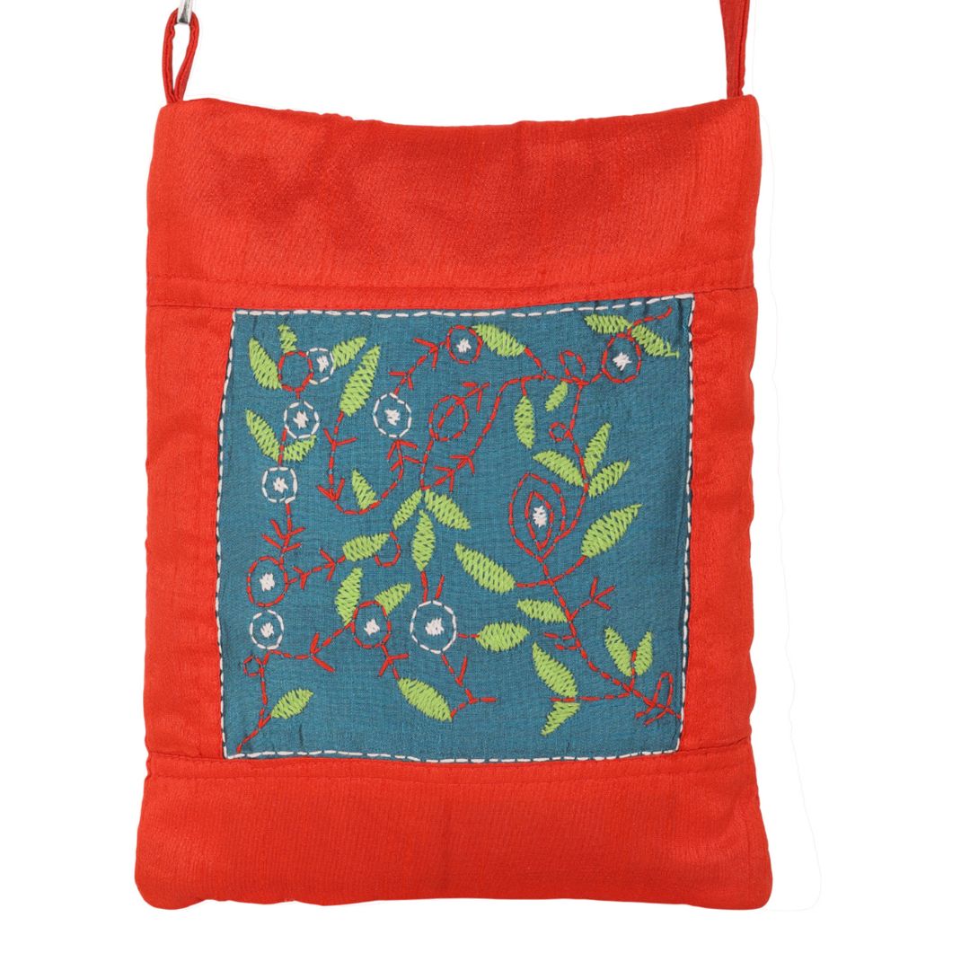 Indha Hand Embroidered Sling Bag (Red & Teal Green) | Leaf & Branch Motif | Handmade Everyday Bag