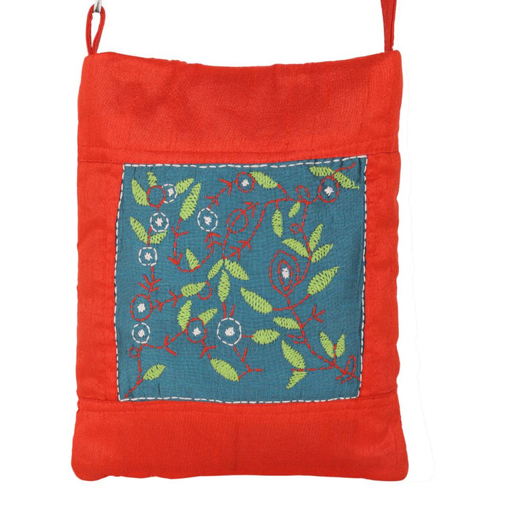 Indha Hand Embroidered Sling Bag (Red & Teal Green) | Leaf & Branch Motif | Handmade Everyday Bag