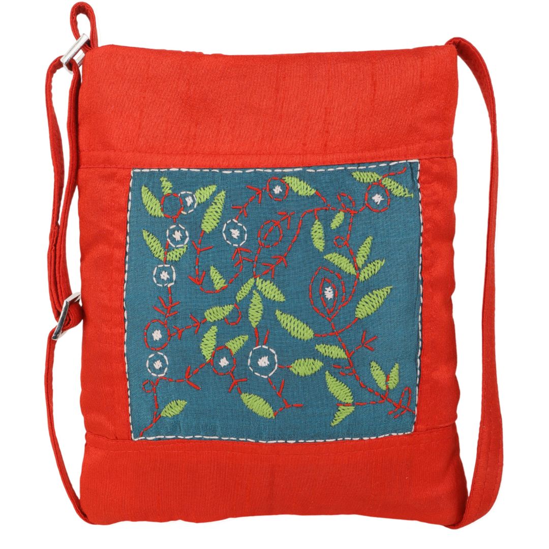 Indha Hand Embroidered Sling Bag (Red & Teal Green) | Leaf & Branch Motif | Handmade Everyday Bag