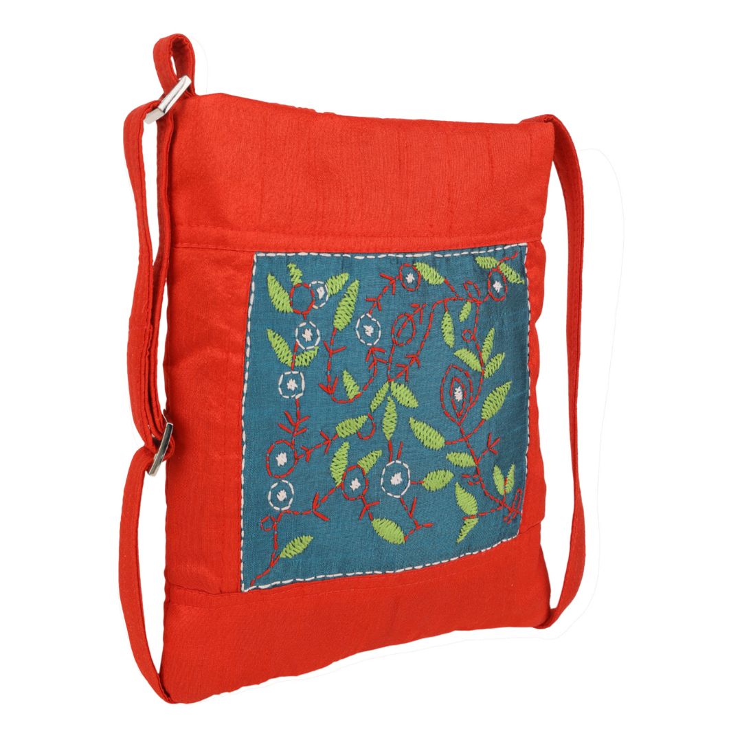 Indha Hand Embroidered Sling Bag (Red & Teal Green) | Leaf & Branch Motif | Handmade Everyday Bag