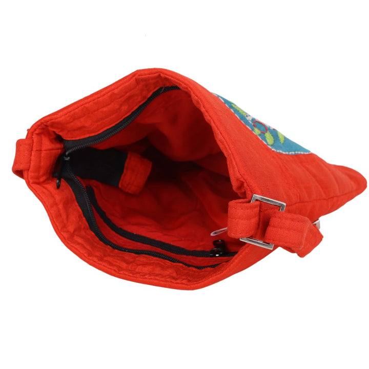 Indha Hand Embroidered Sling Bag (Red & Teal Green) | Leaf & Branch Motif | Handmade Everyday Bag