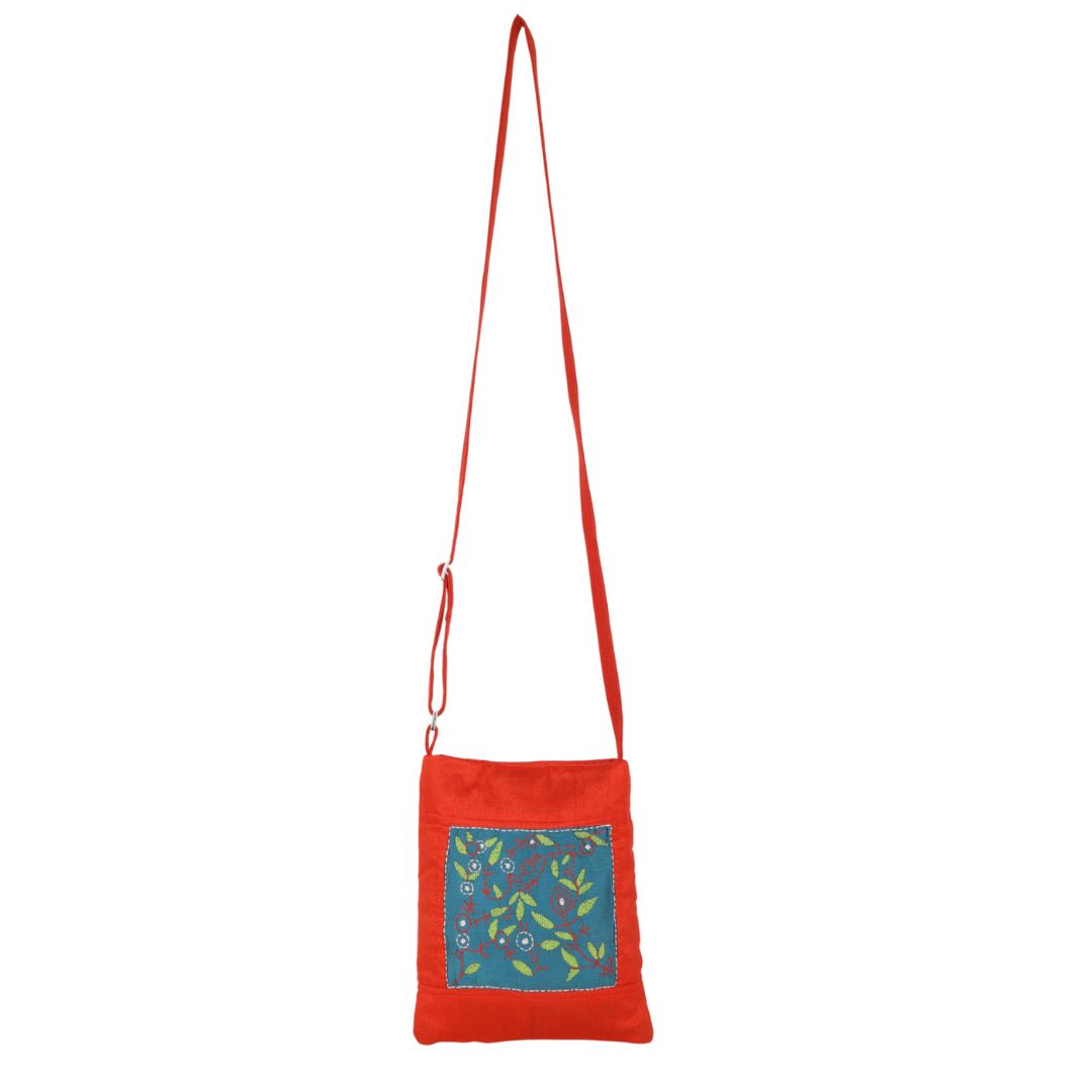 Indha Hand Embroidered Sling Bag (Red & Teal Green) | Leaf & Branch Motif | Handmade Everyday Bag