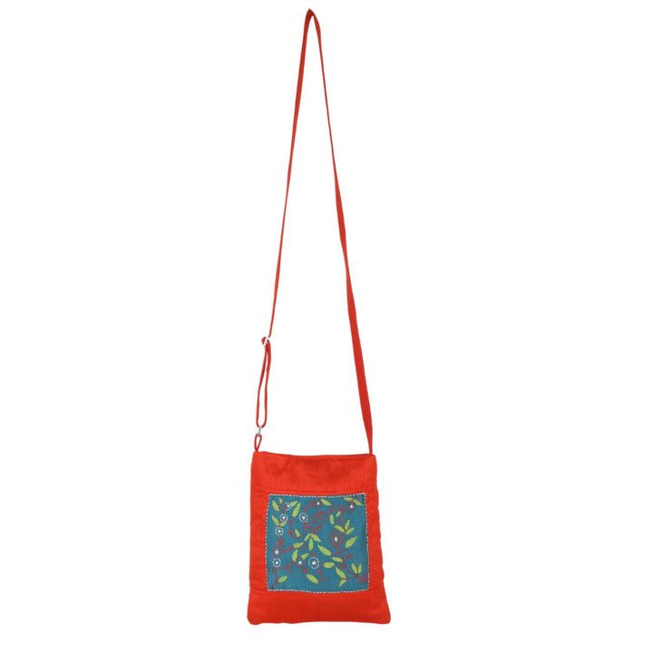 Indha Hand Embroidered Sling Bag (Red & Teal Green) | Leaf & Branch Motif | Handmade Everyday Bag
