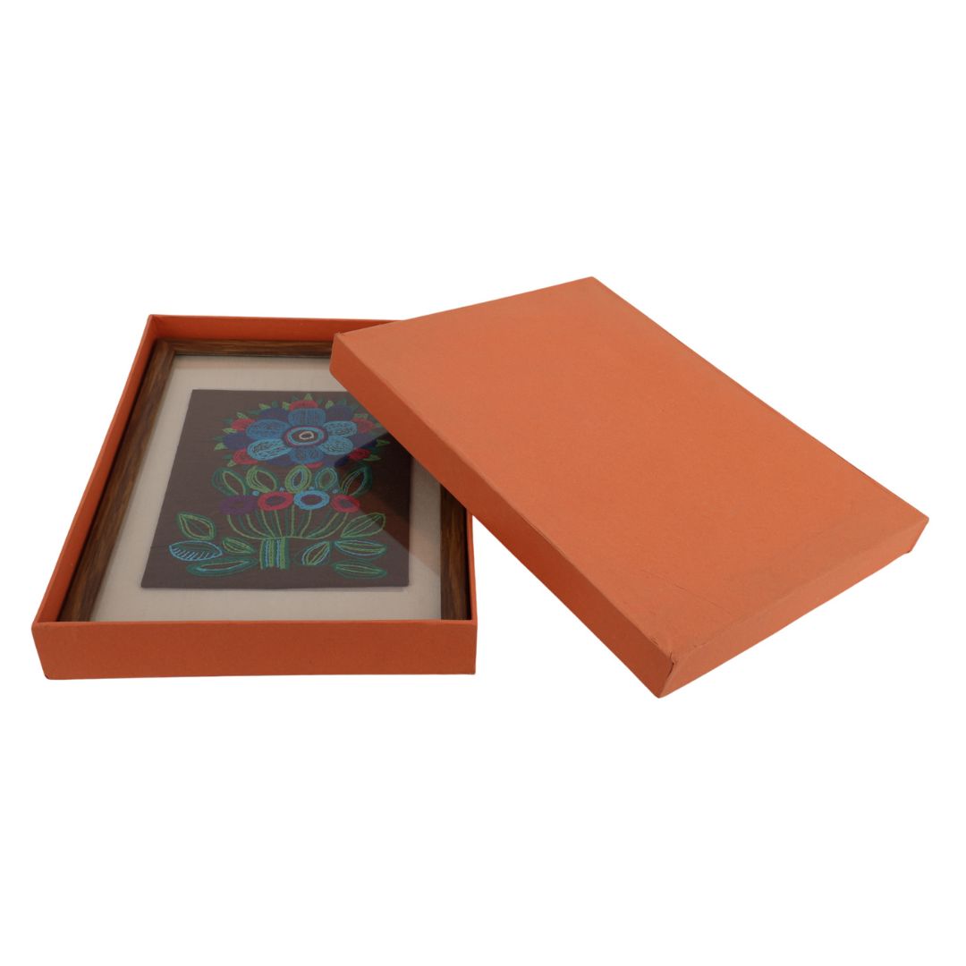 Indha Handcrafted Wall Décor | Floral Hand Embroidery on Silk | Wooden Frame + Vegan Leather Back Finish | Sustainable Décor