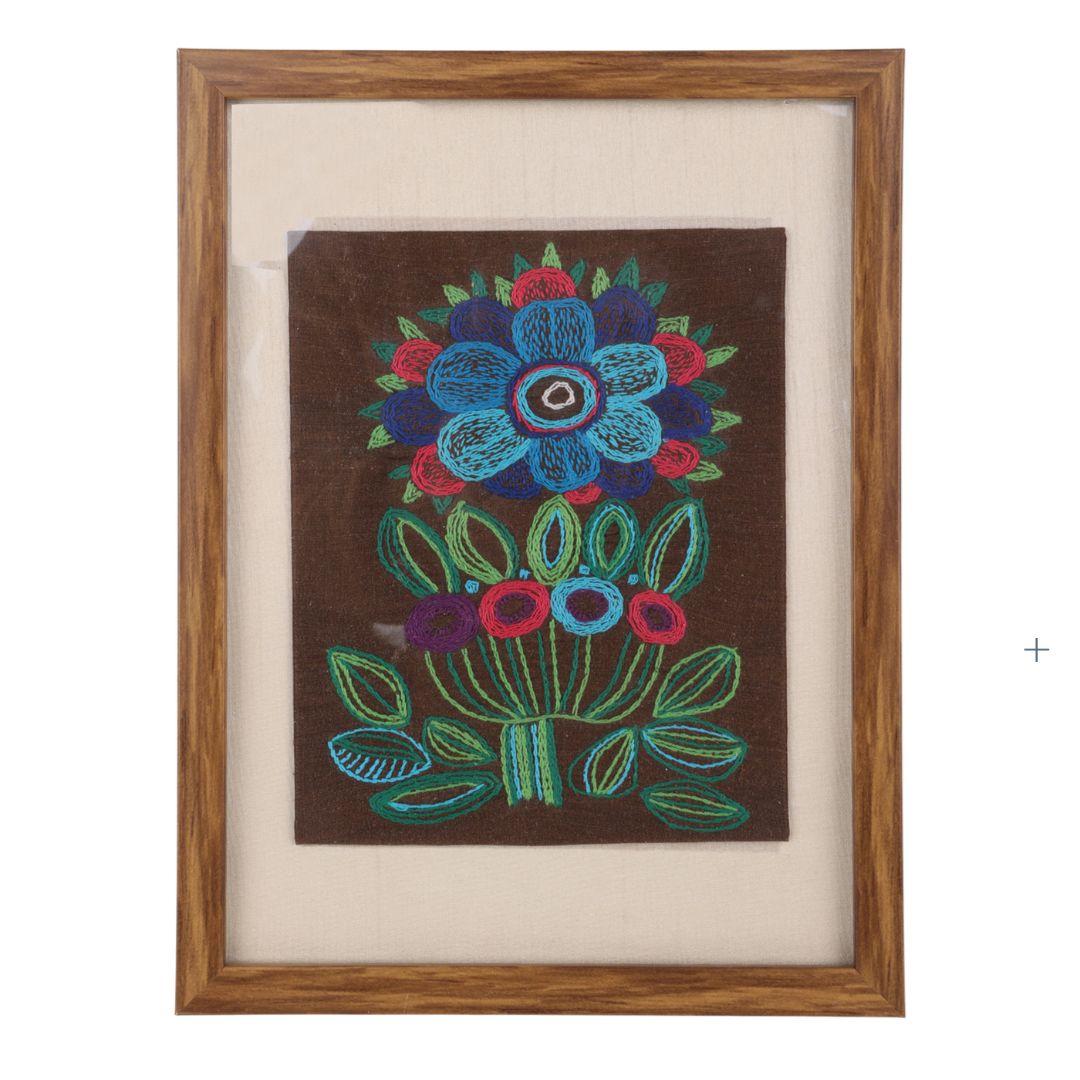 Indha Handcrafted Wall Décor | Floral Hand Embroidery on Silk | Wooden Frame + Vegan Leather Back Finish | Sustainable Décor