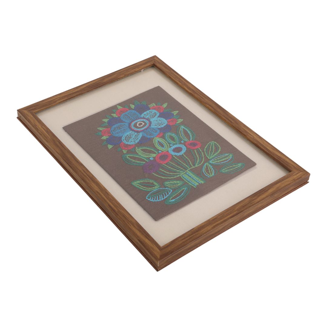 Indha Handcrafted Wall Décor | Floral Hand Embroidery on Silk | Wooden Frame + Vegan Leather Back Finish | Sustainable Décor