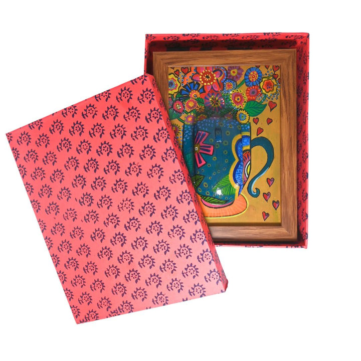 Indha Handpainted Floral Pot Wall Art | Upcycled Mouse &amp; MDF with Repurposed Wood Frame | Sustainable Home Décor with Vegan Leather Back