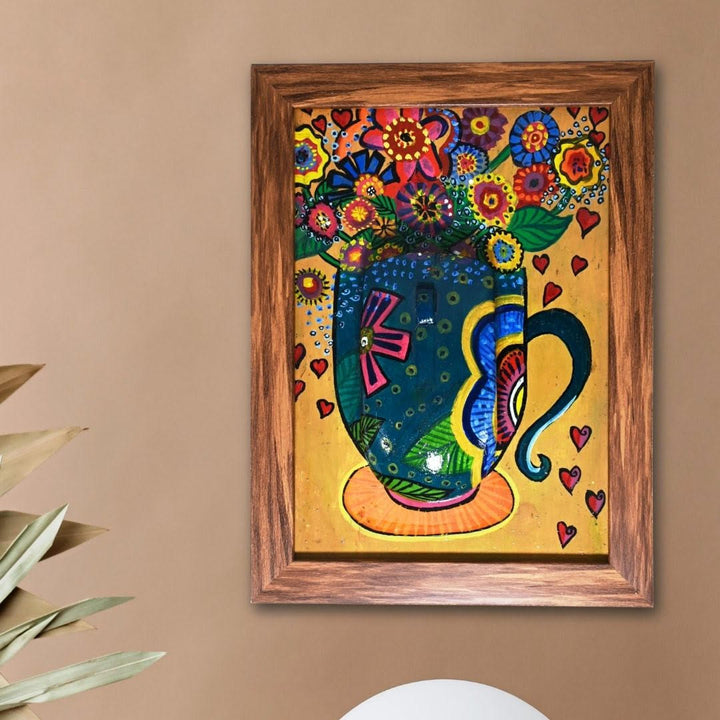 Indha Handpainted Floral Pot Wall Art | Upcycled Mouse &amp; MDF with Repurposed Wood Frame | Sustainable Home Décor with Vegan Leather Back