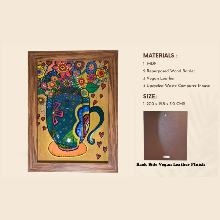 Indha Handpainted Floral Pot Wall Art | Upcycled Mouse &amp; MDF with Repurposed Wood Frame | Sustainable Home Décor with Vegan Leather Back