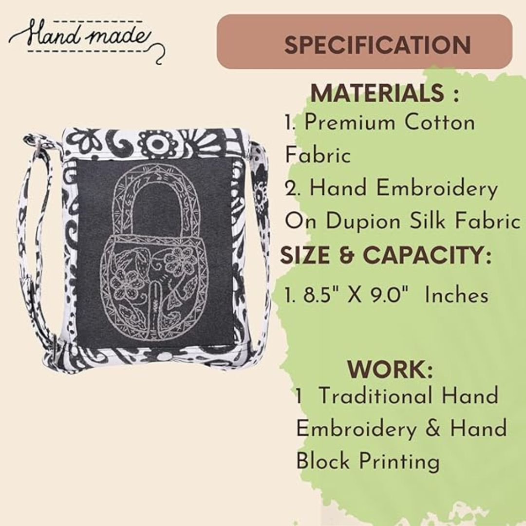 Indha Handmade Cotton Sling Bag for Women – Hand Block Printed & Hand Embroidered Crossbody Bag | Ethnic, Eco-Friendly, Stylish & Spacious – Casual Everyday Use
