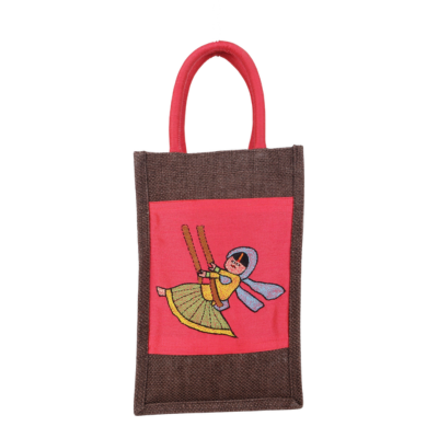 Indha Handmade Jute Bottle Bag with Lady on Swing Hand Embroidery