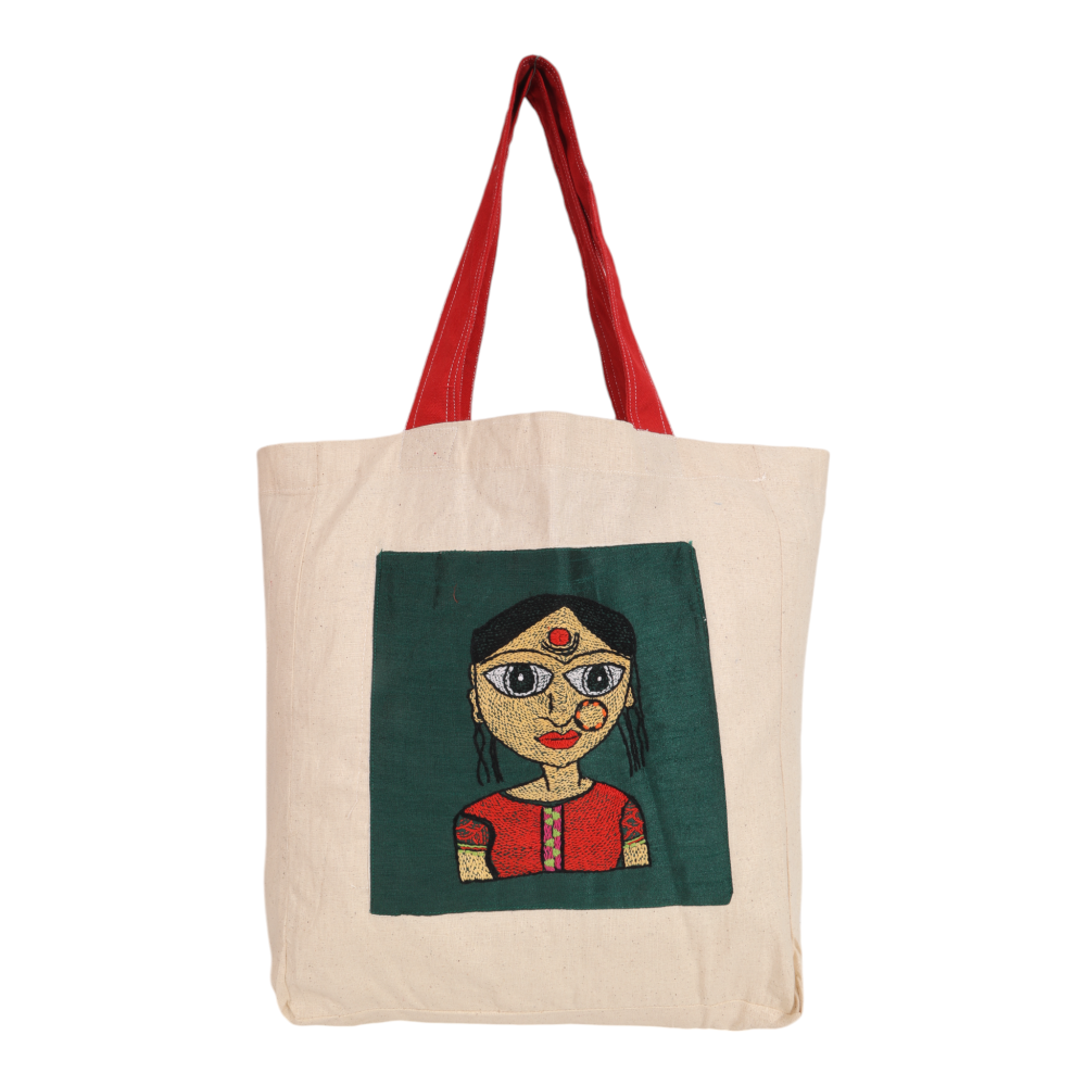Indha Indian Girl Face Embroidery Cotton Bag – A Chic and Artistic Tote for Everyday Style and Unique Expression